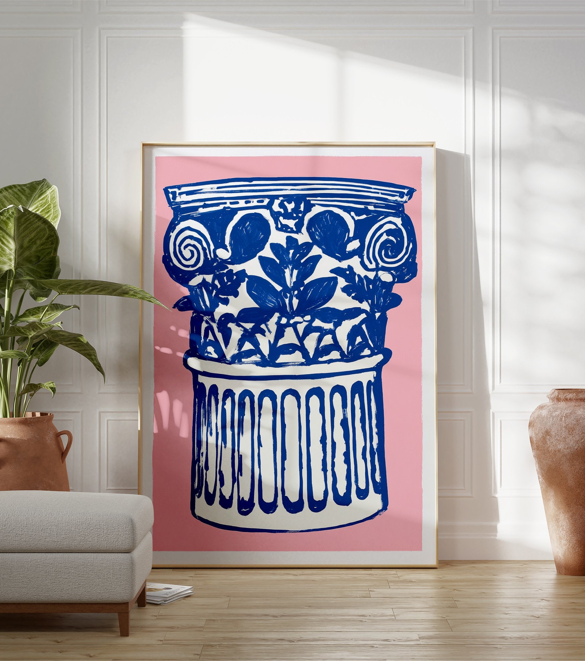 Blue and white illustrative classical column poster with floral motifs on a vibrant pink background for home decor. - Image 3