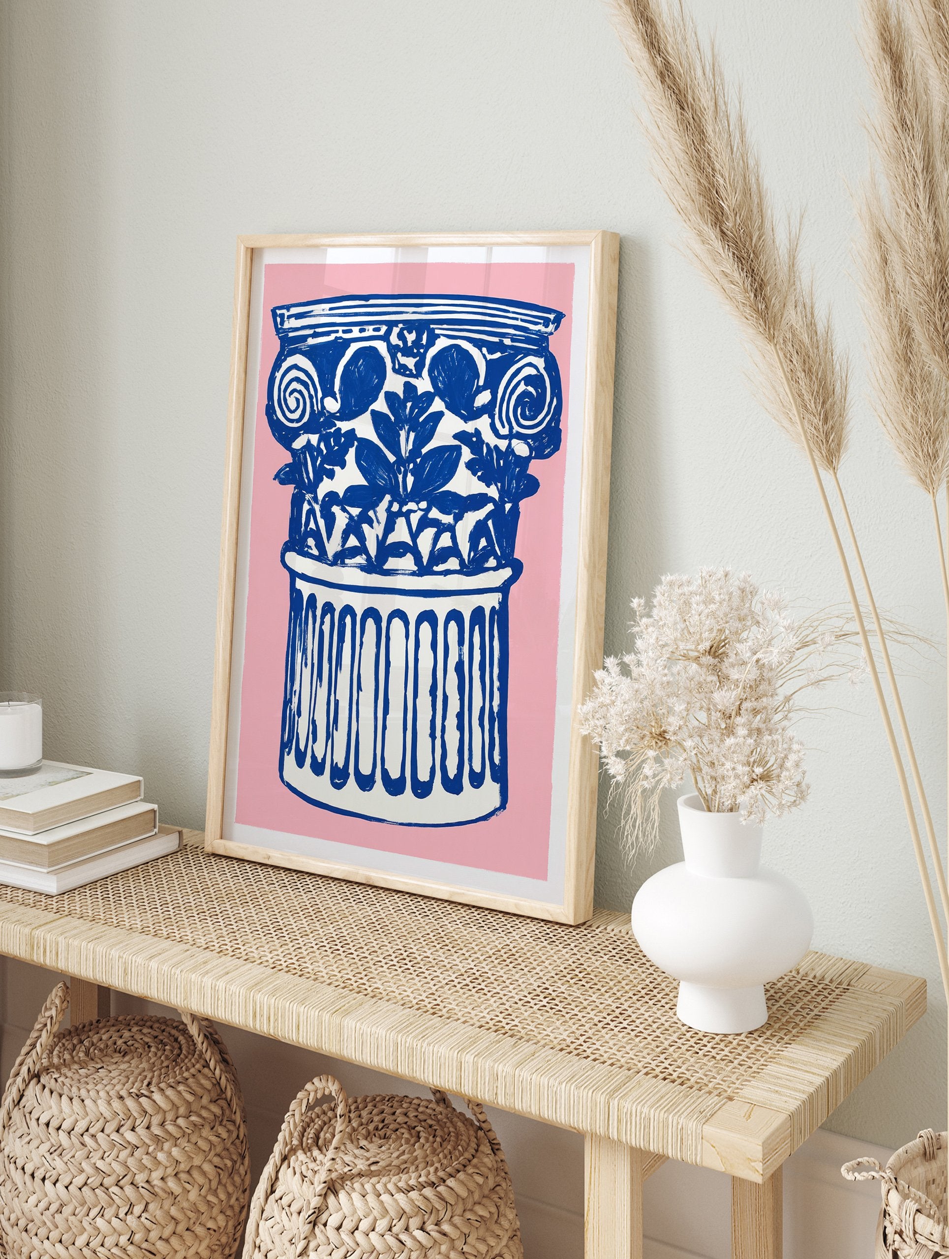 Blue and white illustrative classical column poster with floral motifs on a vibrant pink background for home decor. - Image 4