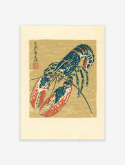 Japanese illustrative blue and red lobster print with kanji script on a tan background