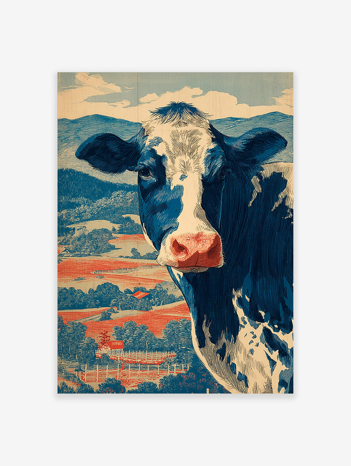 Blue and white Holstein cow illustration against red fields and blue hills, in a vintage woodcut style