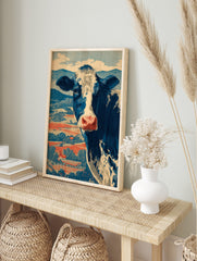 Blue and white Holstein cow illustration against red fields and blue hills, in a vintage, in an alternate framed mockup