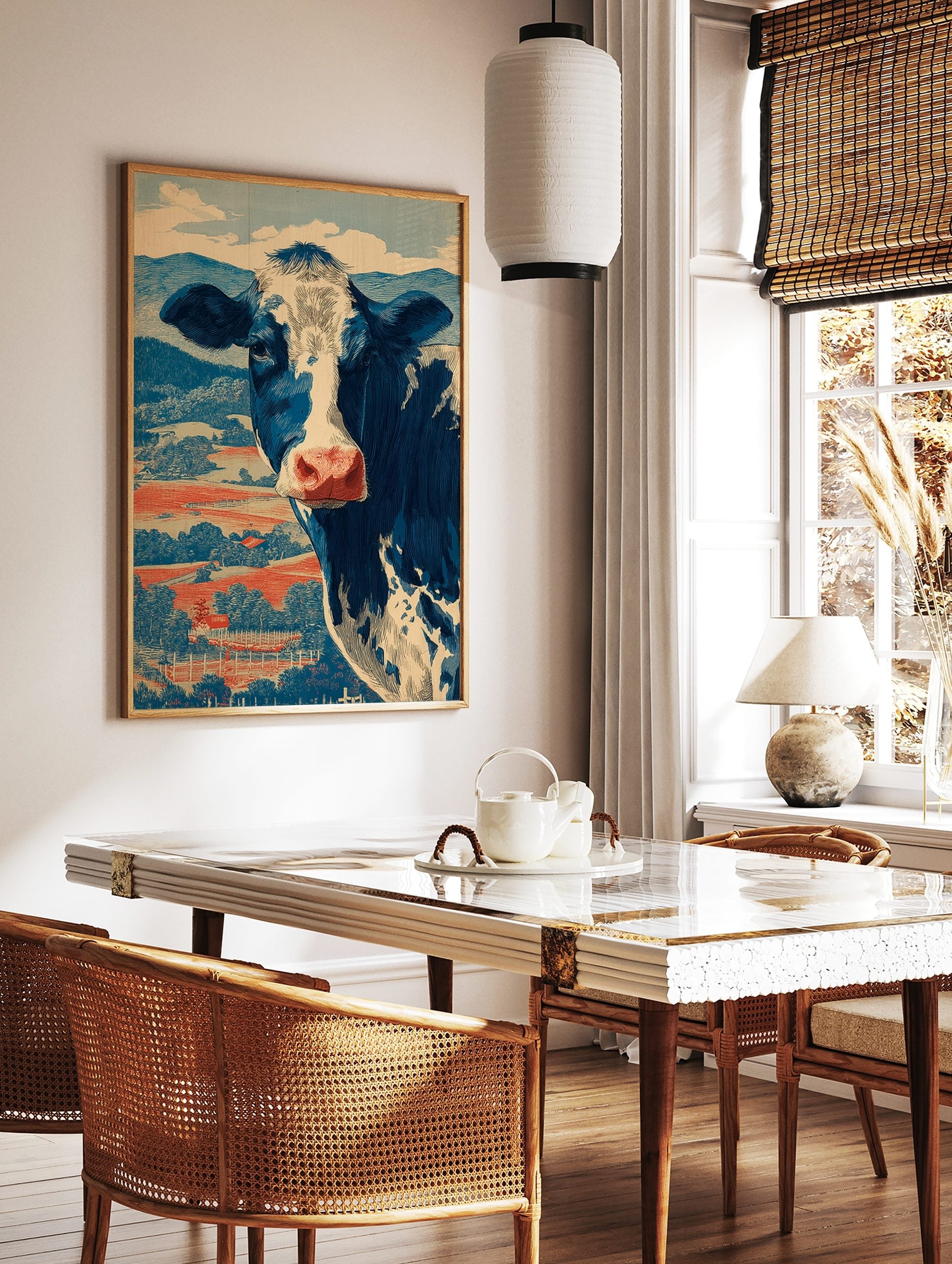Blue and white Holstein cow illustration against red fields and blue hills, in a vintage woodcut, in a styled room mockup