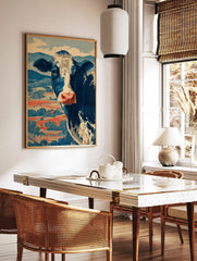 Blue and white Holstein cow illustration against red fields and blue hills, in a vintage woodcut, in a styled room mockup