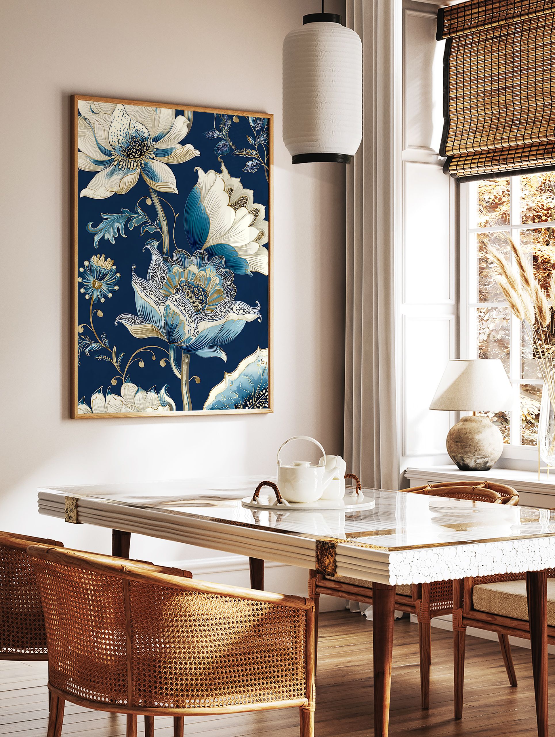 Blue and white floral botanical illustration poster on a dark blue background with gold accents. - Image 2