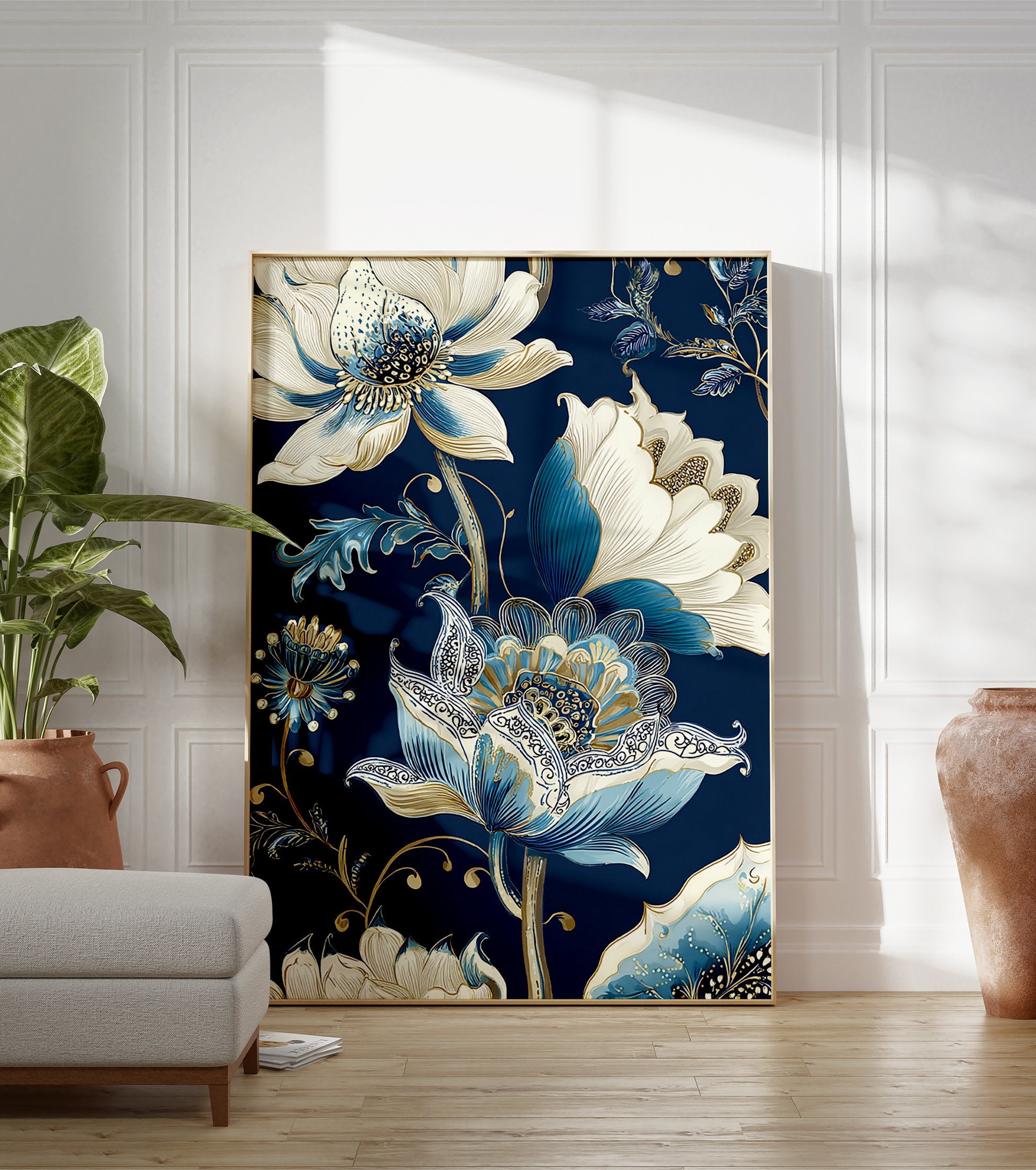 Blue and white floral botanical illustration poster on a dark blue background with gold accents. - Image 3