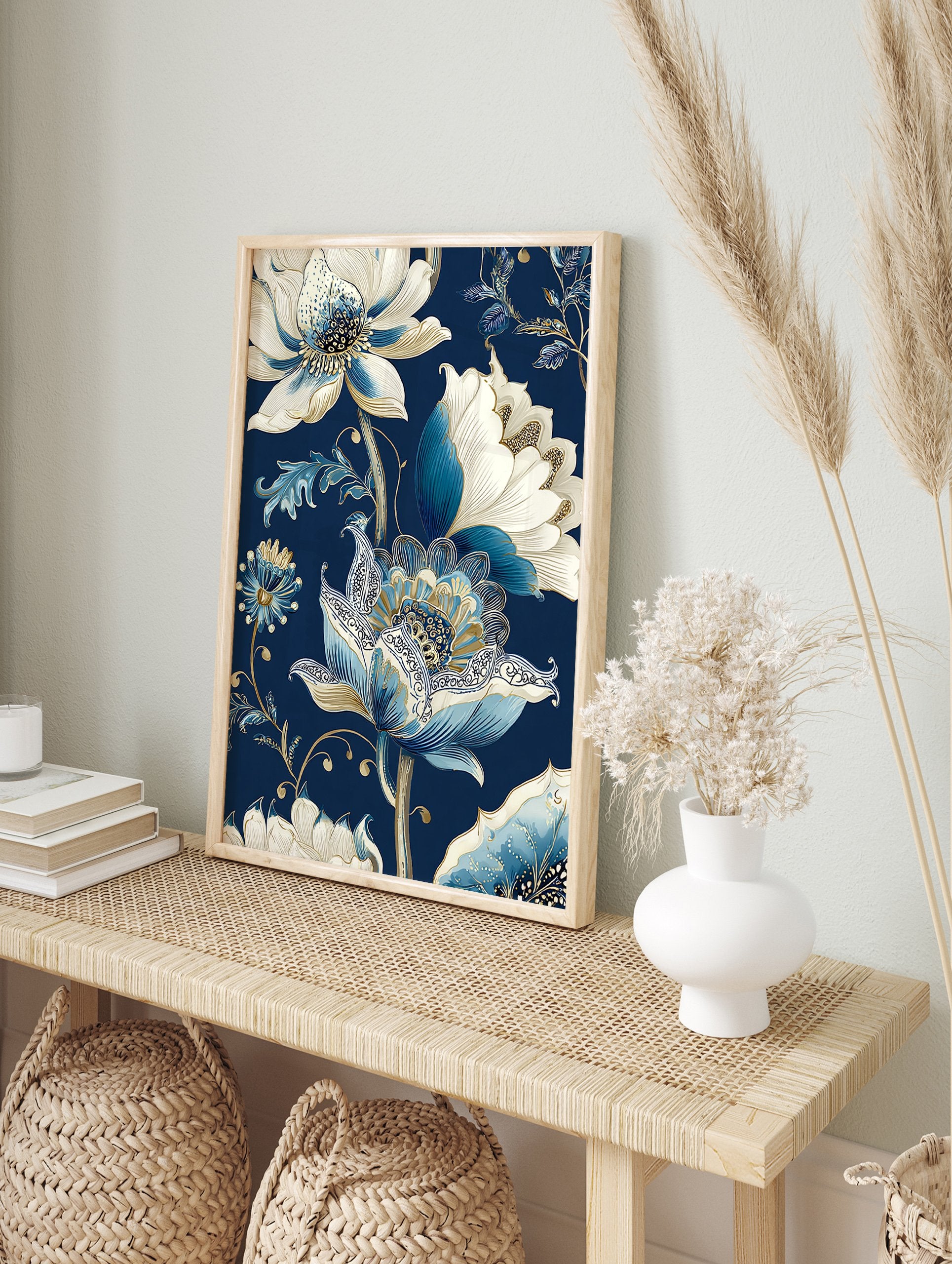 Blue and white floral botanical illustration poster on a dark blue background with gold accents. - Image 4
