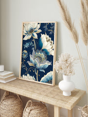 Blue and white floral botanical illustration poster on a dark blue background with gold accents. - Image 4