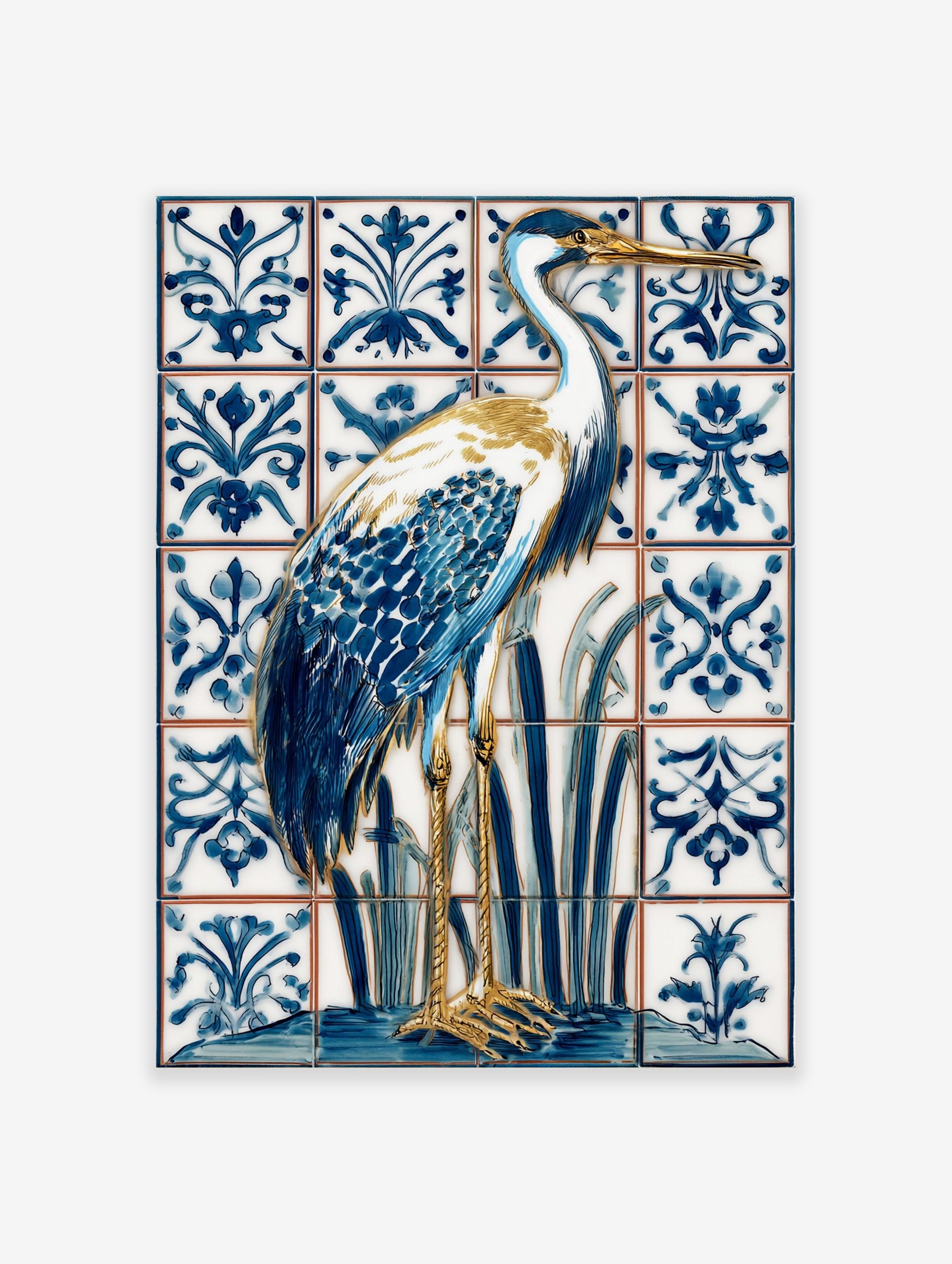Blue and white heron bird illustration on ornate patterned tiles, with gold beak and legs