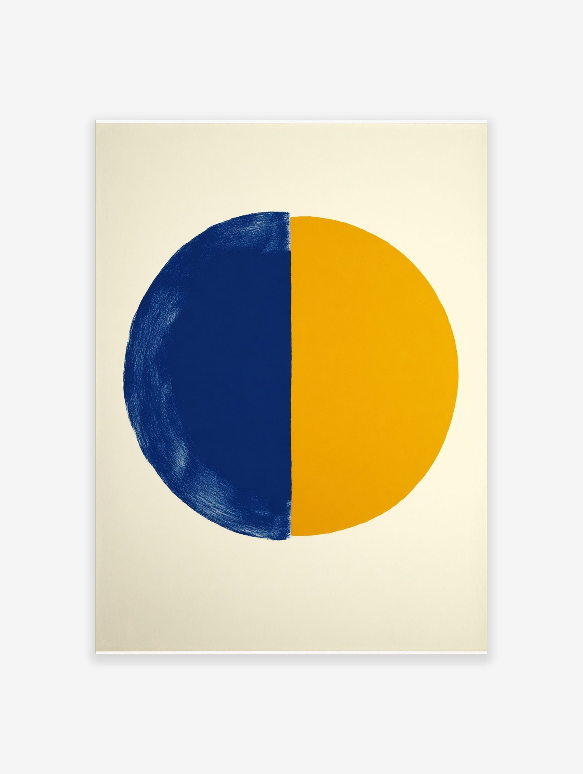 Abstract art print of a large circle divided vertically into a textured blue half and a smooth yellow half