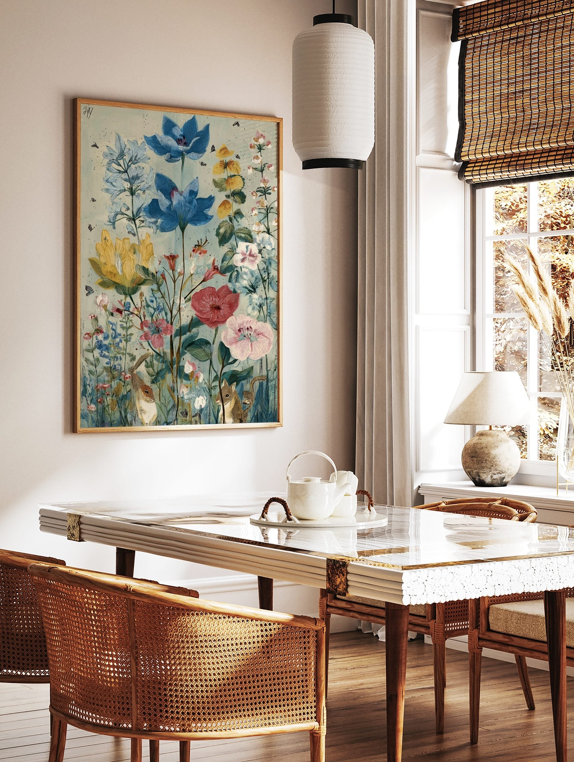Illustrative botanical garden print with blue, yellow, red flowers, green foliage, and two chipmunks, in a styled room mockup