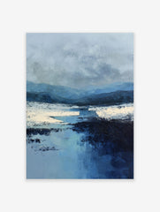 Blue abstract landscape art print with layered mountains, textural river, and white banks under a cloudy sky
