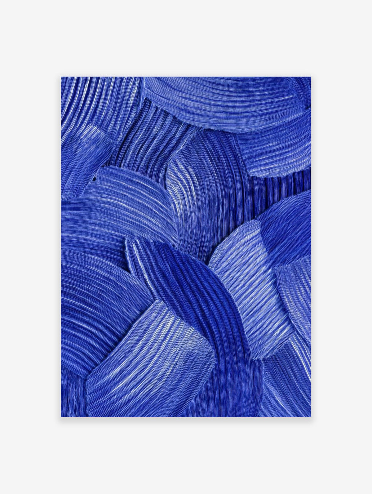 Blue abstract wall art with textured, overlapping curved brushstrokes and fine parallel lines