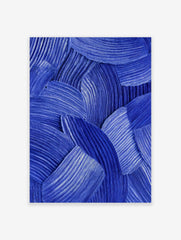 Blue abstract wall art with textured, overlapping curved brushstrokes and fine parallel lines