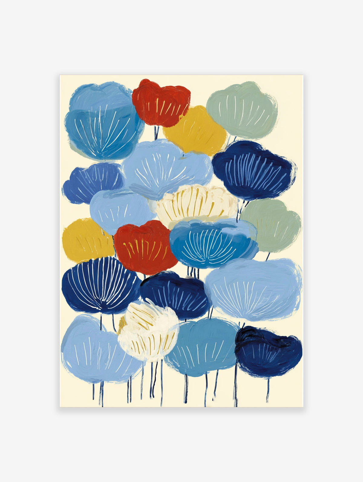 Abstract tree poster with blue, red, yellow and green fan-shaped canopies on pale background