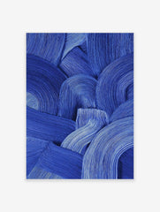Blue abstract wall art featuring thick, textured brushstrokes forming curved and wavy patterns on a canvas.