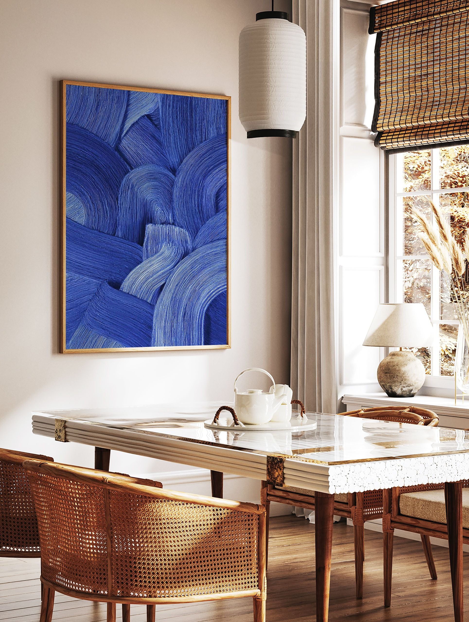 Blue abstract wall art featuring thick, textured brushstrokes forming curved and wavy patterns on a canvas. - Image 2