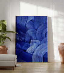 Blue abstract wall art featuring thick, textured brushstrokes forming curved and wavy patterns on a canvas. - Image 3