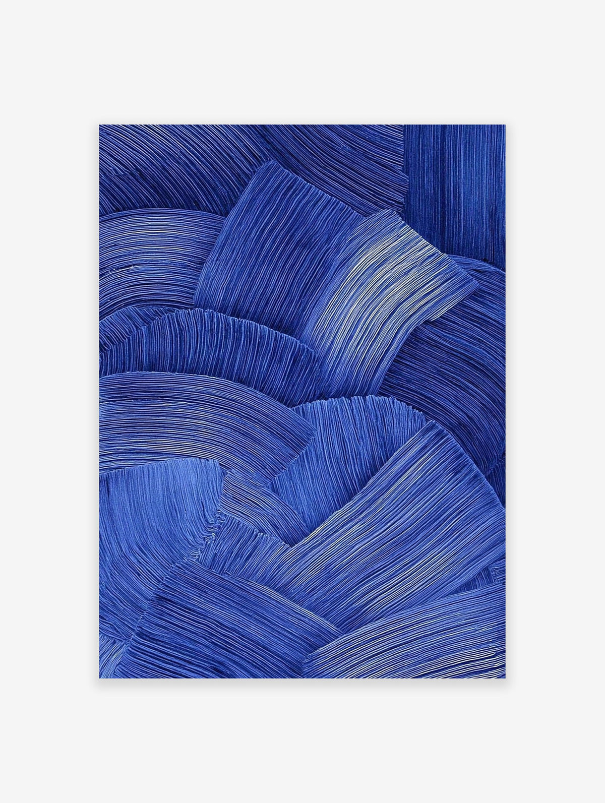 Abstract blue wall art print with thick, textured, wavy brushstrokes creating a dynamic and modern visual pattern.