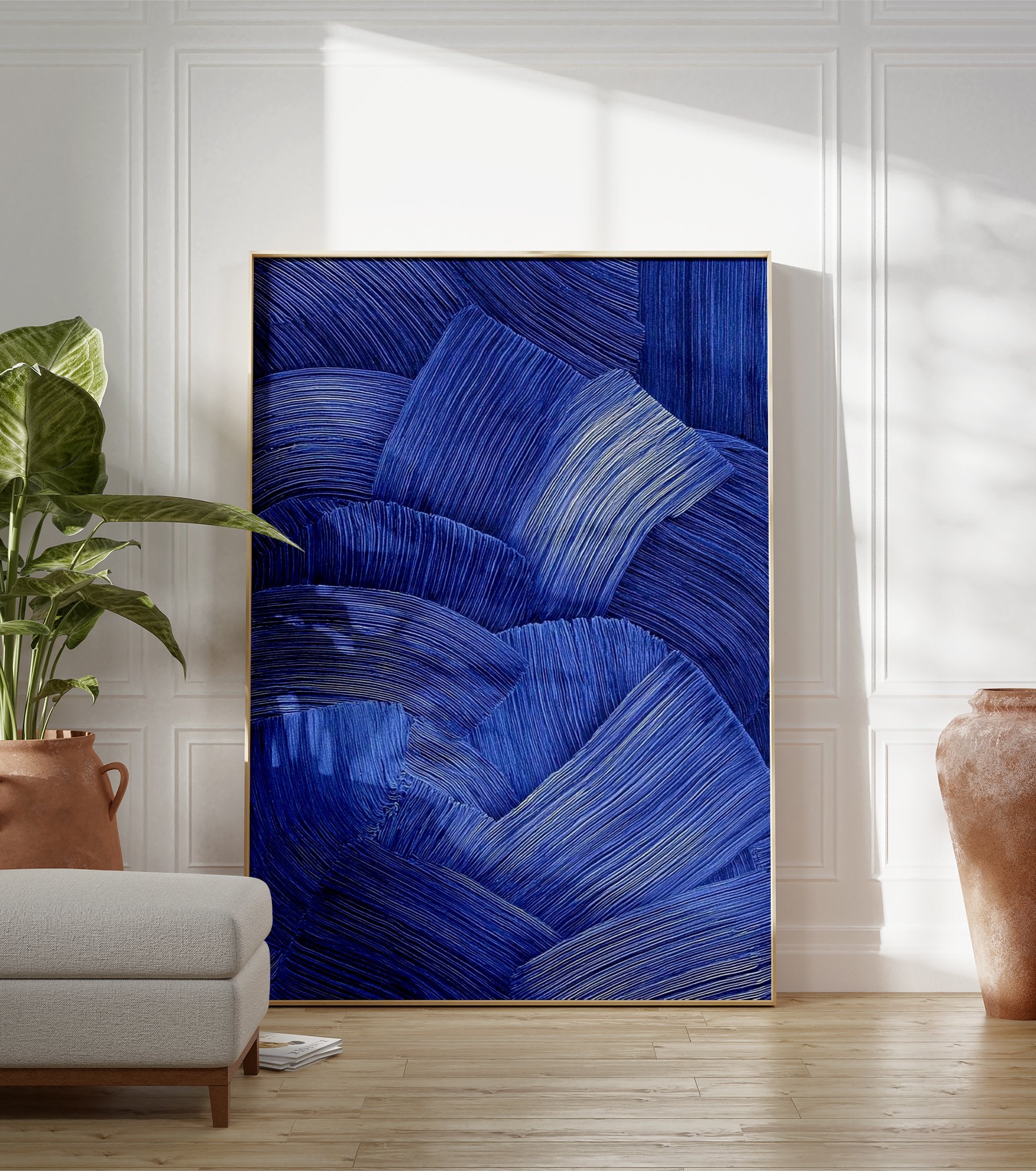 Abstract blue wall art print with thick, textured, wavy brushstrokes creating a dynamic and modern visual pattern. - Image 3