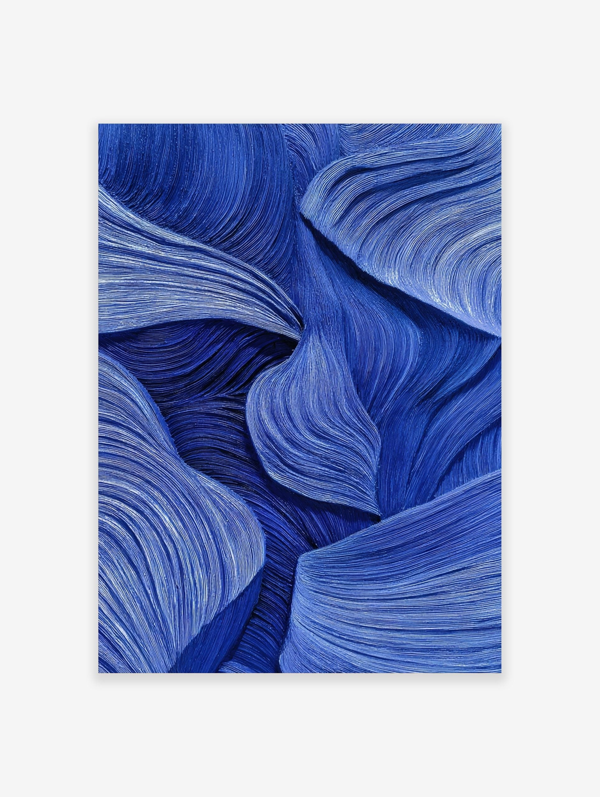 Abstract blue wall art with flowing, textured wave-like lines and layered forms, creating depth and movement