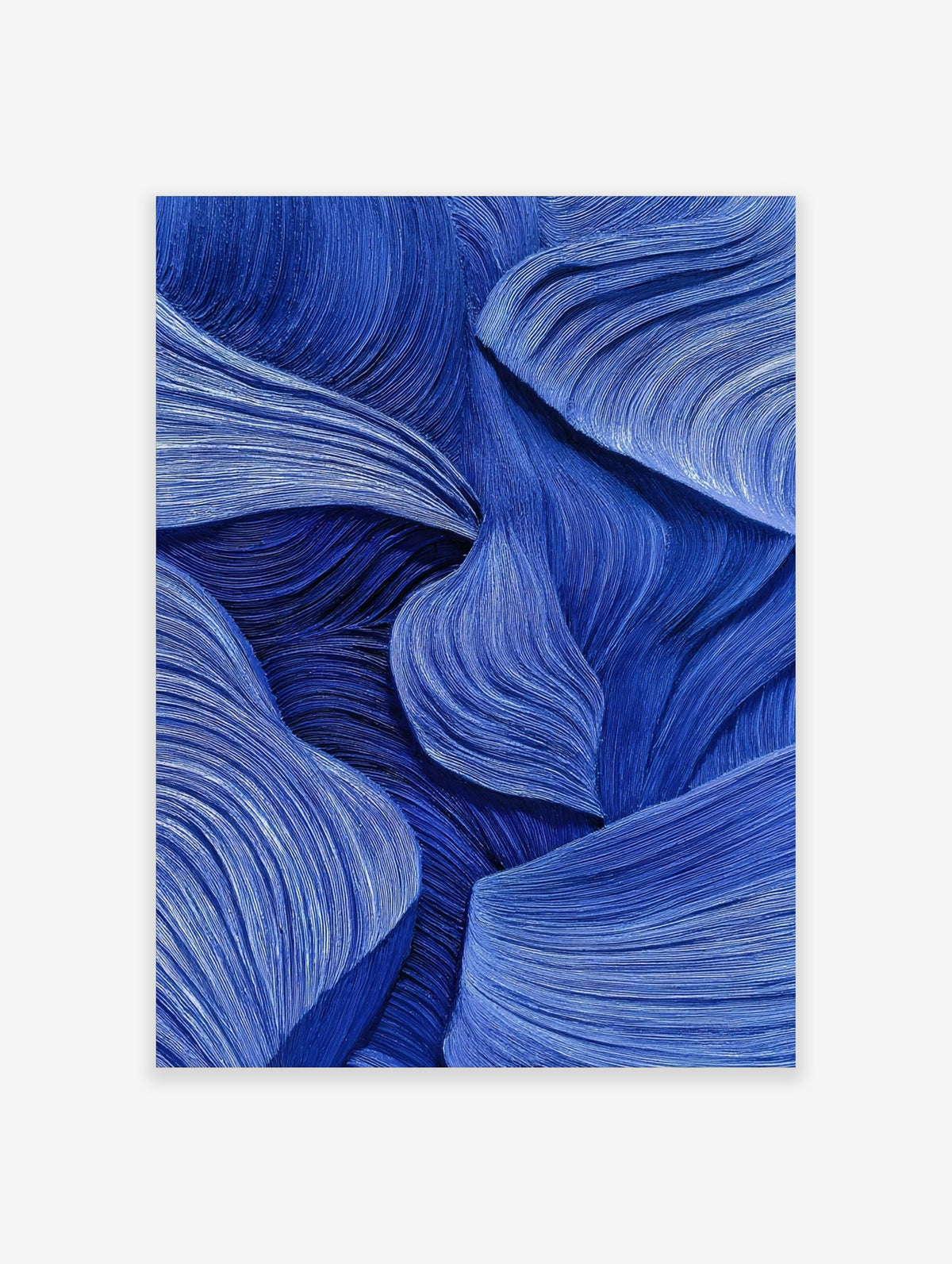 Abstract blue wall art with flowing, textured wave-like lines and layered forms, creating depth and movement