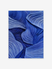 Abstract blue wall art with flowing, textured wave-like lines and layered forms, creating depth and movement