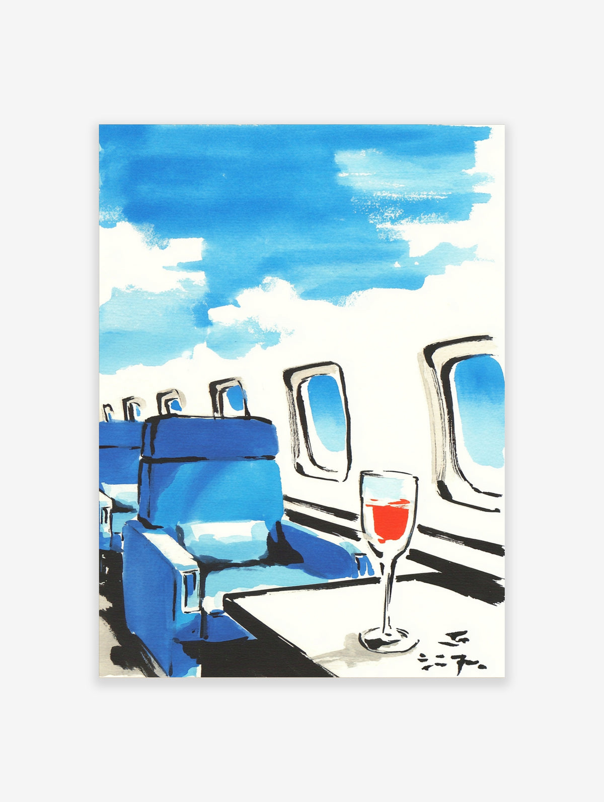 Blue aeroplane cabin art print with seats, window view, and red wine glass on tray table