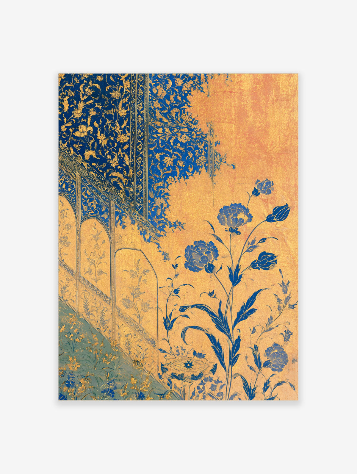 Blue and gold botanical art print with ornate floral vines, arched panels, and large blue carnations on a textured gold
