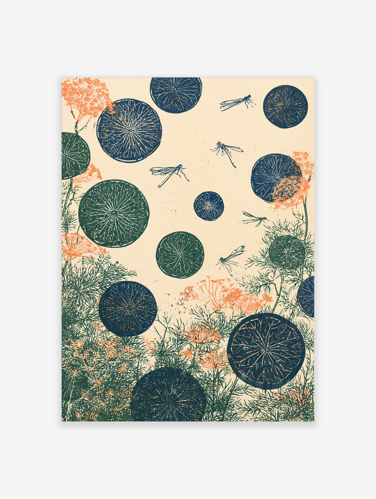 Blue and green citrus fruit slices with dragonflies and orange flowers on a cream background art print