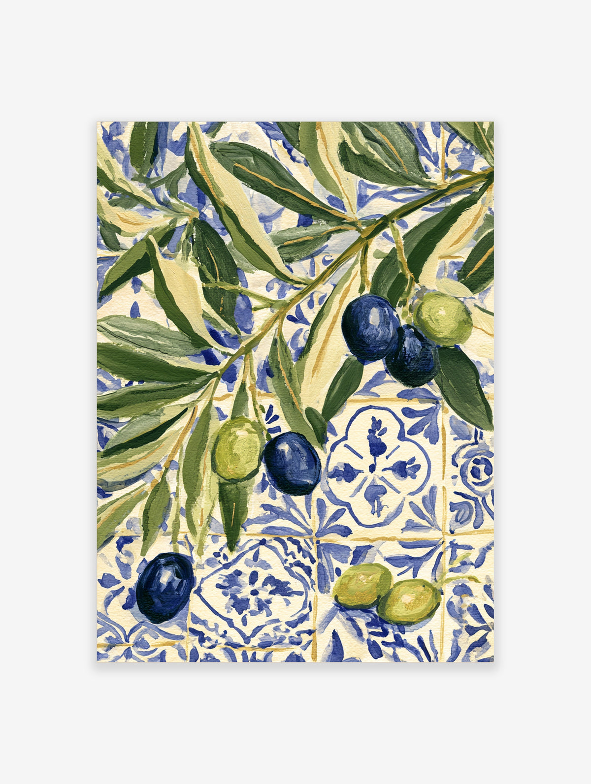 Olive branch with green leaves and blue and green olives over a blue and white tile pattern art print