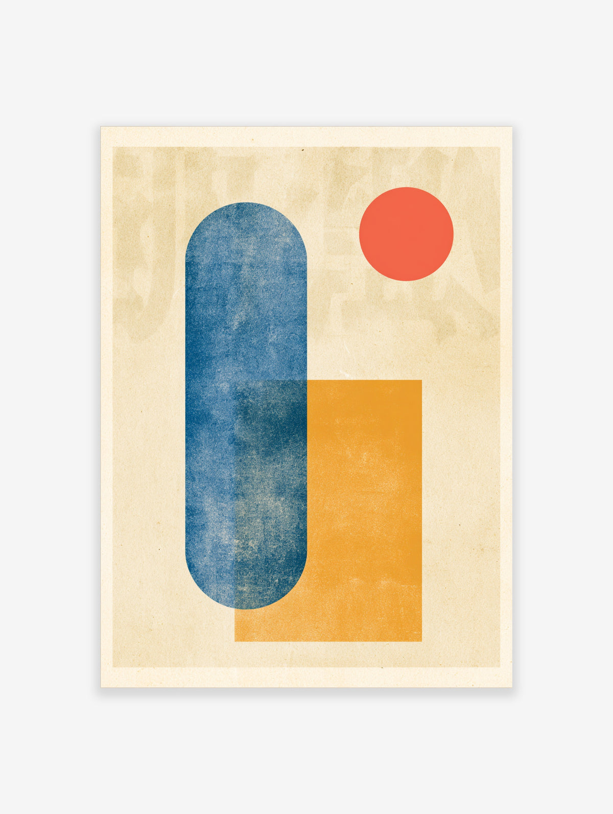 Blue capsule, orange rectangle, and coral circle on beige abstract geometric art print