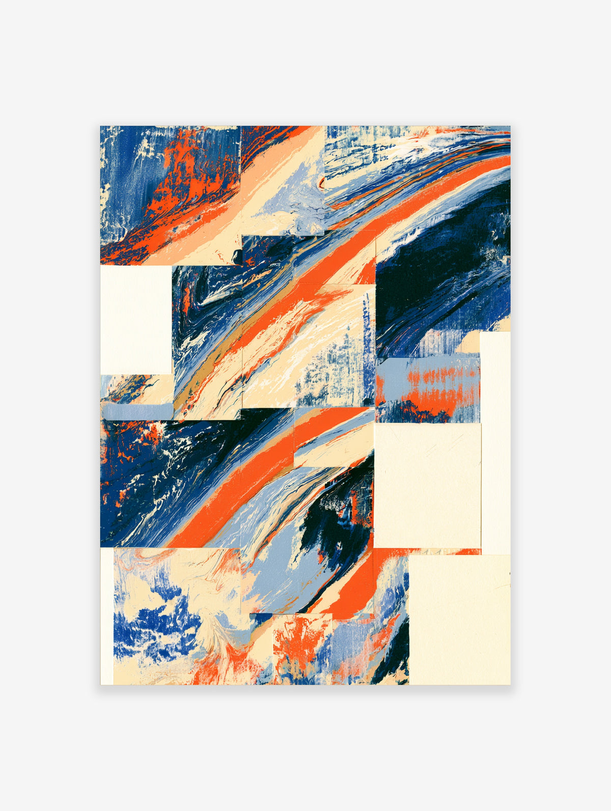Abstract art print with blue, orange, and cream diagonal brushstrokes in geometric panels