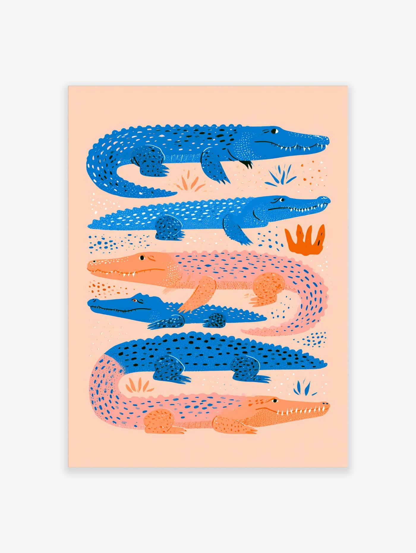 Blue and orange crocodile illustration print with patterned scales on peach background