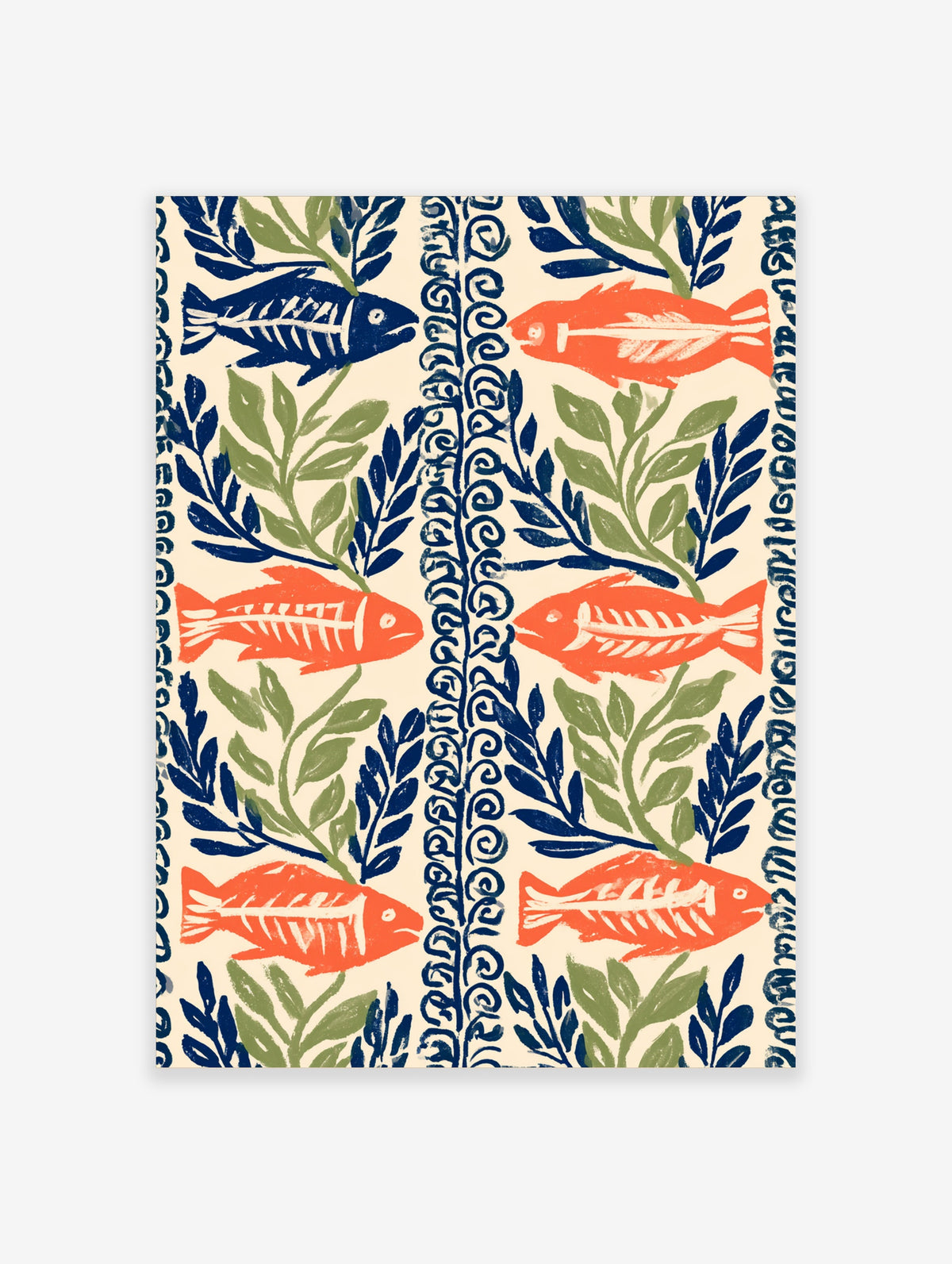 Blue and orange fish pattern art print with leafy branches and wavy border on cream background