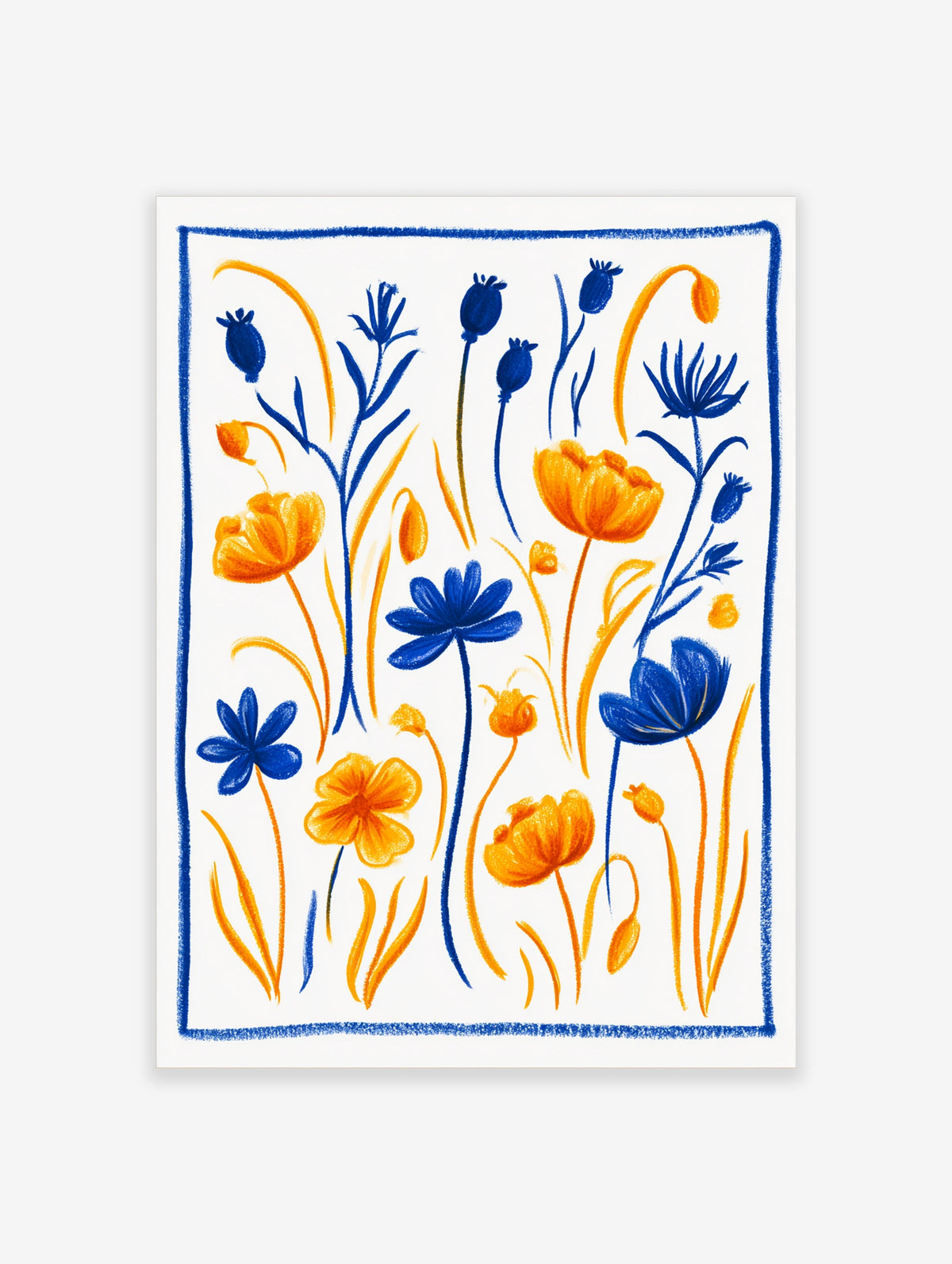 Blue and orange floral art print with stylised poppies and cornflowers on white background