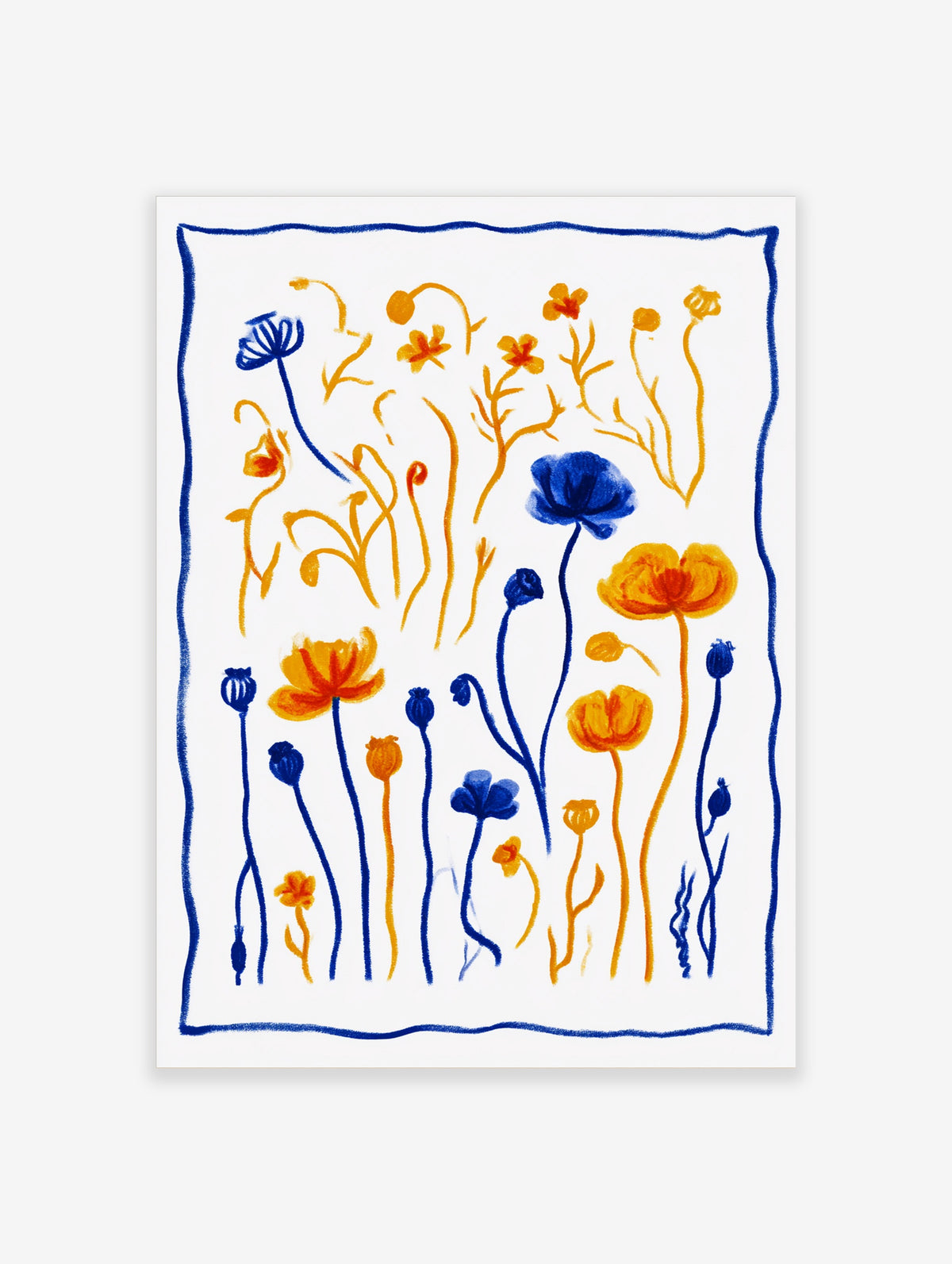 Blue and orange flower poster with hand-drawn stems and blooms on white background