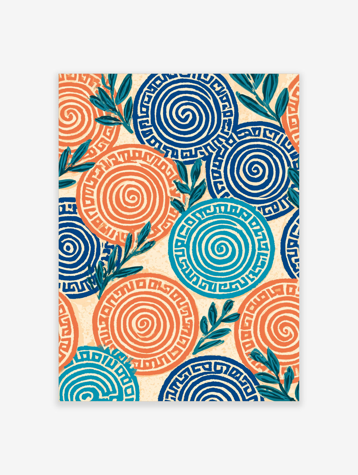 Blue and orange Greek key spiral pattern art print with teal leaves on cream background