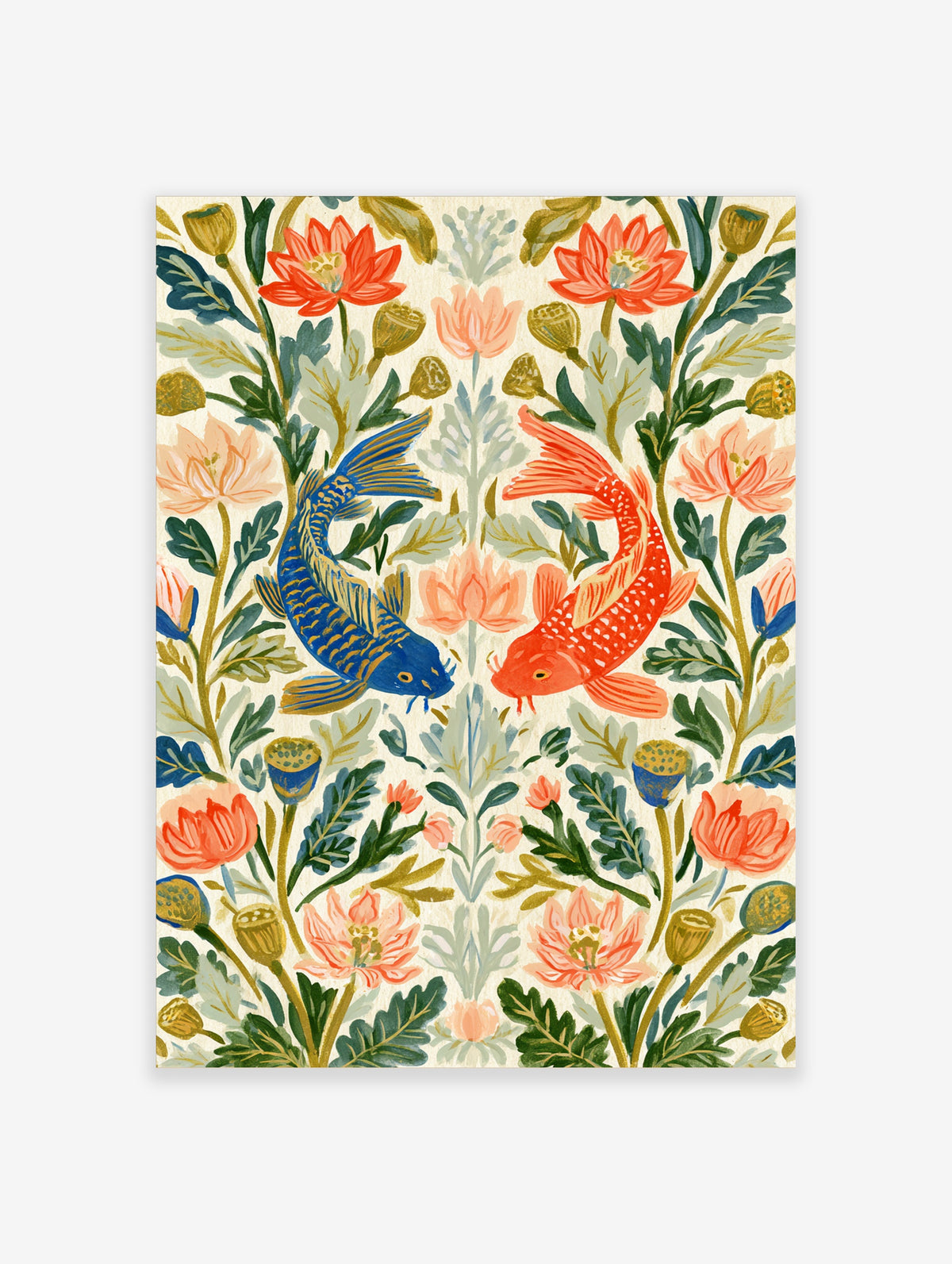 Blue and orange koi fish art print with lotus flowers and green leaves on cream background