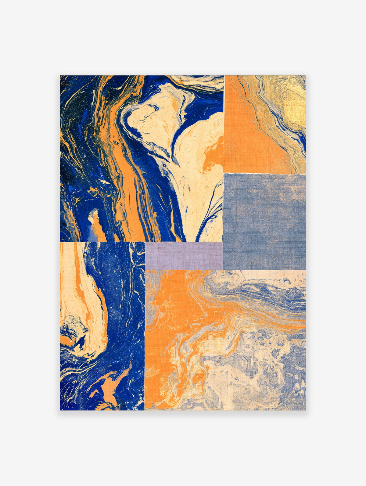 Abstract marbled wall art with blue, orange, and cream fluid patterns in a patchwork grid layout