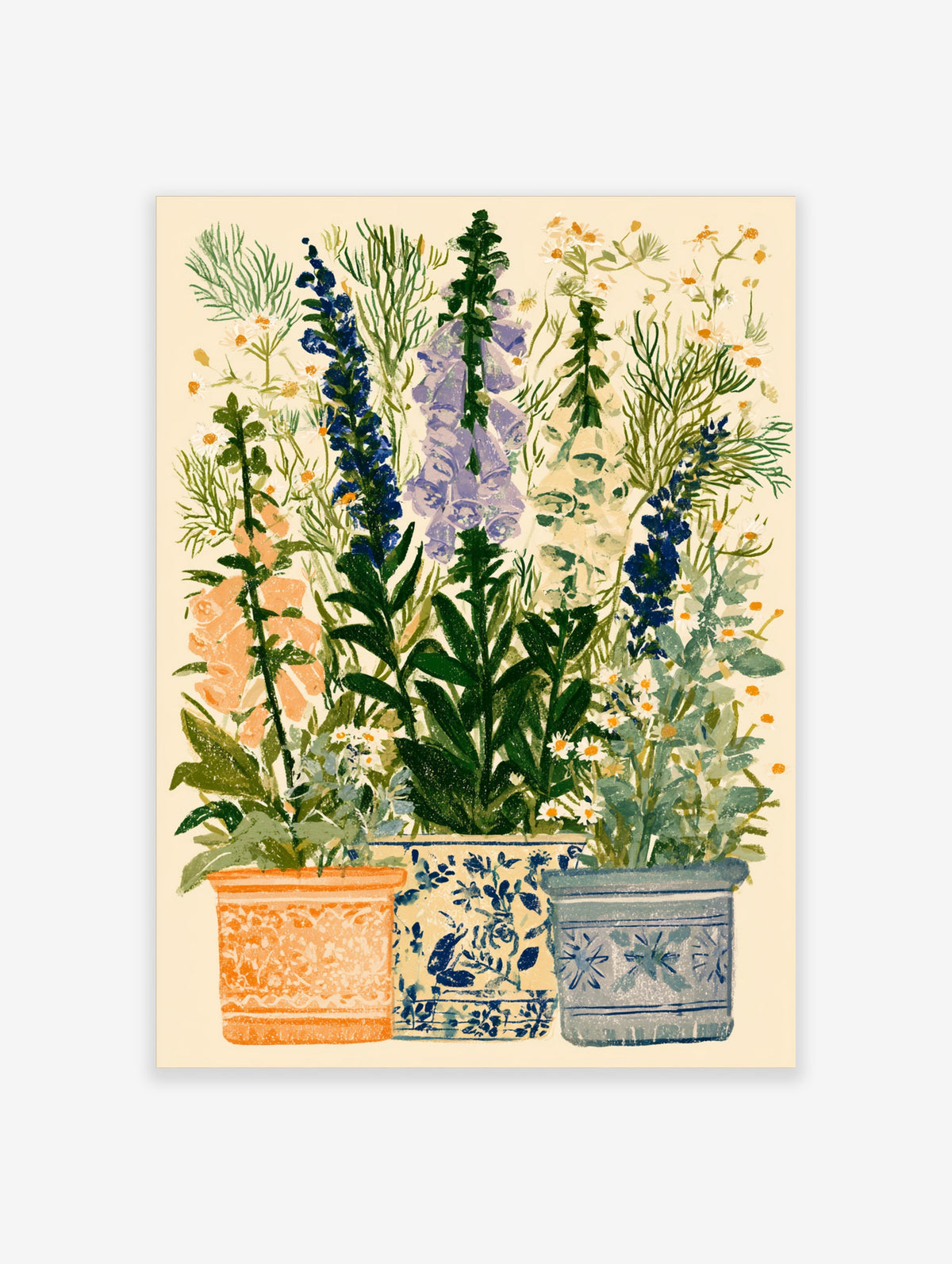 Blue and purple floral poster with delphiniums, foxgloves, daisies and roses in patterned pots on cream