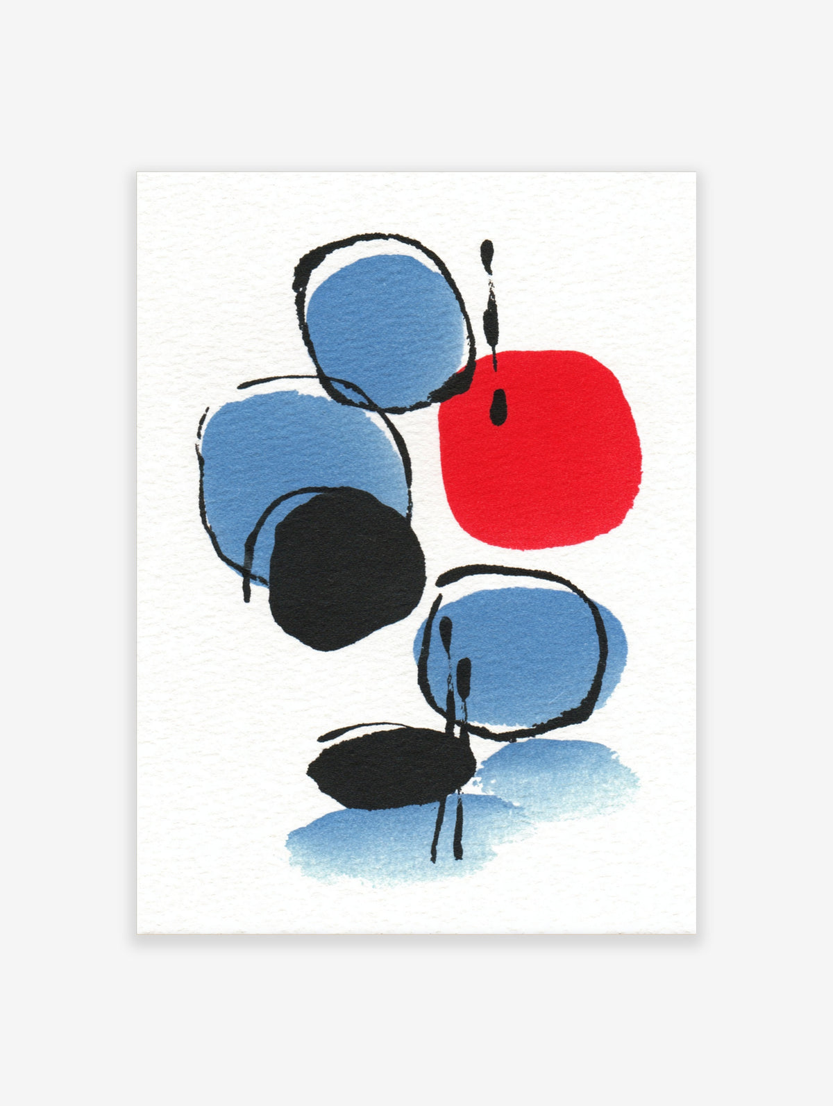 Blue and red abstract circles wall art with black ink outlines on white background