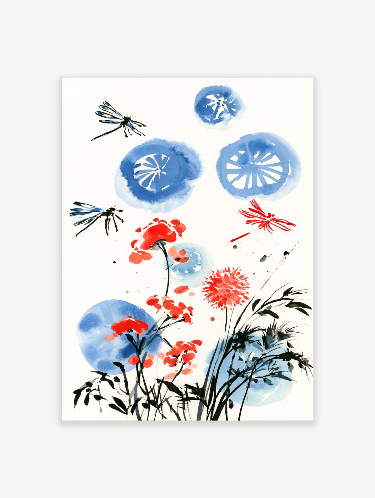 Blue and red ink wash floral art print with dragonflies, lotus pods, and blossoms on white