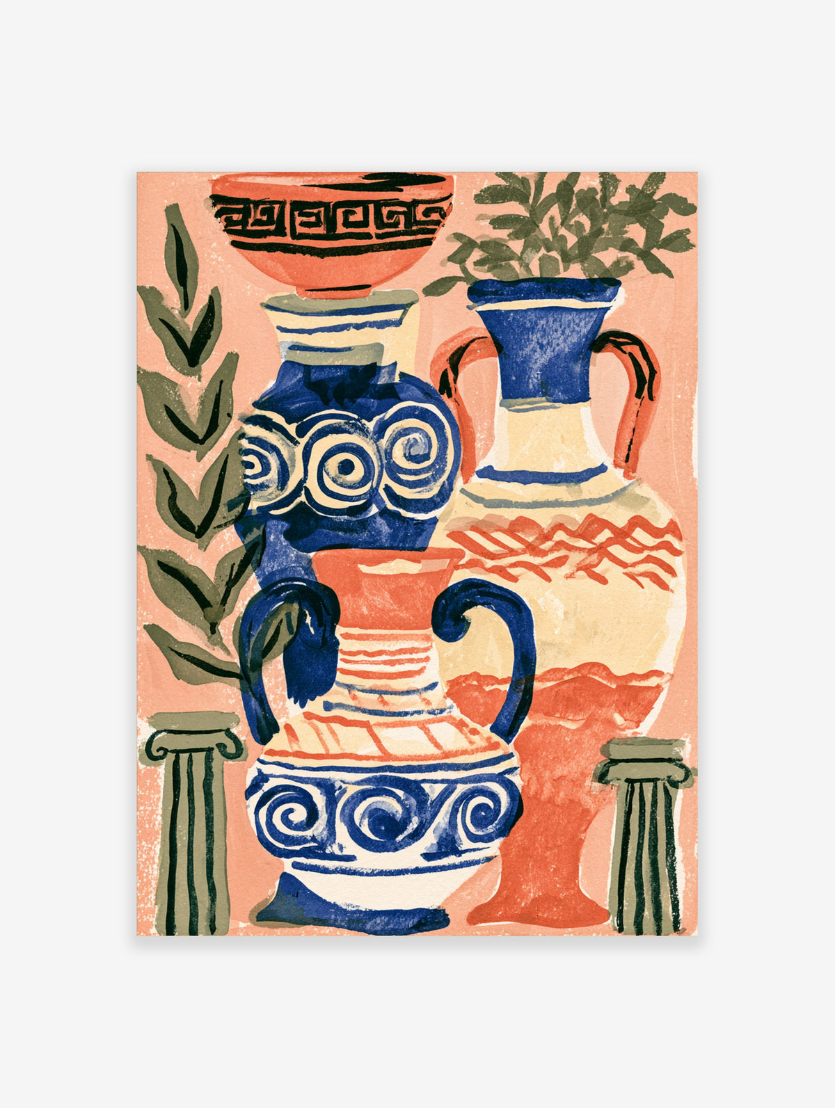 Greek vase poster with blue and terracotta pottery, olive leaves, and column bases on pink
