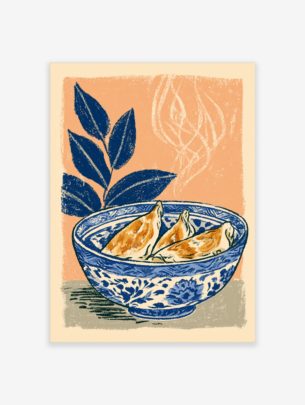 Blue and white bowl poster with three dumplings, navy leaves, and peach background