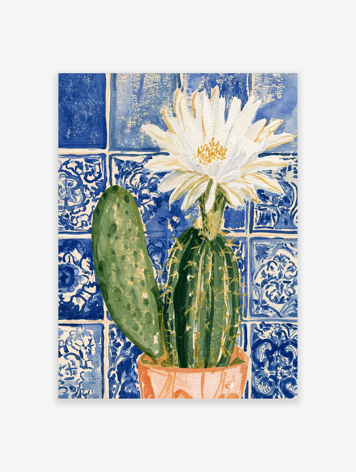 White cactus flower and green cactus in a pot against blue and white patterned tiles