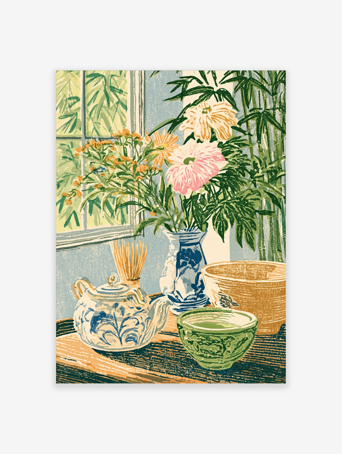 Blue and white teapot and floral vase still life art print with bamboo and green bowl