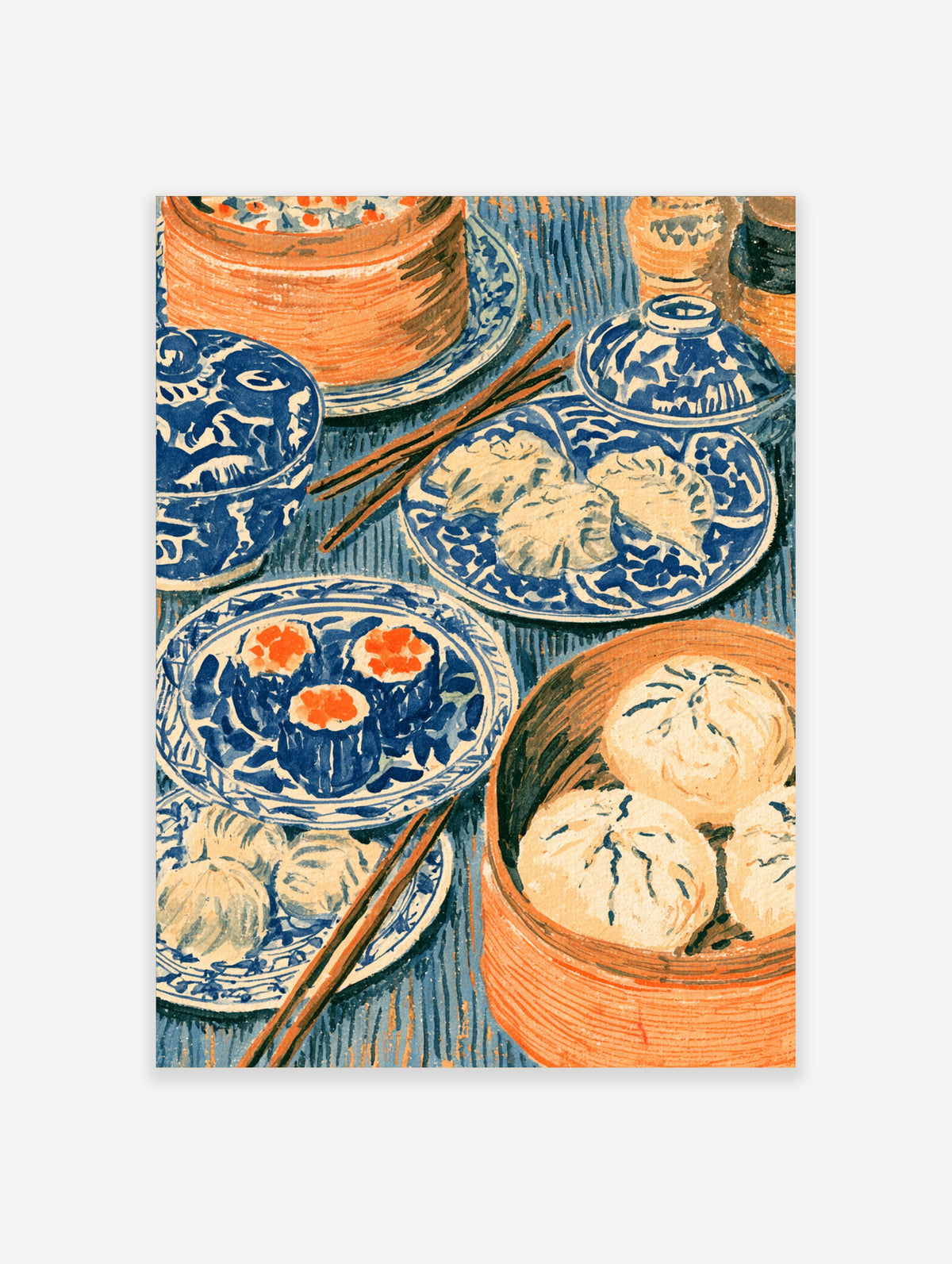 Blue and white dim sum poster with steamed buns, dumplings, chopsticks, and bamboo steamers on a blue tablecloth