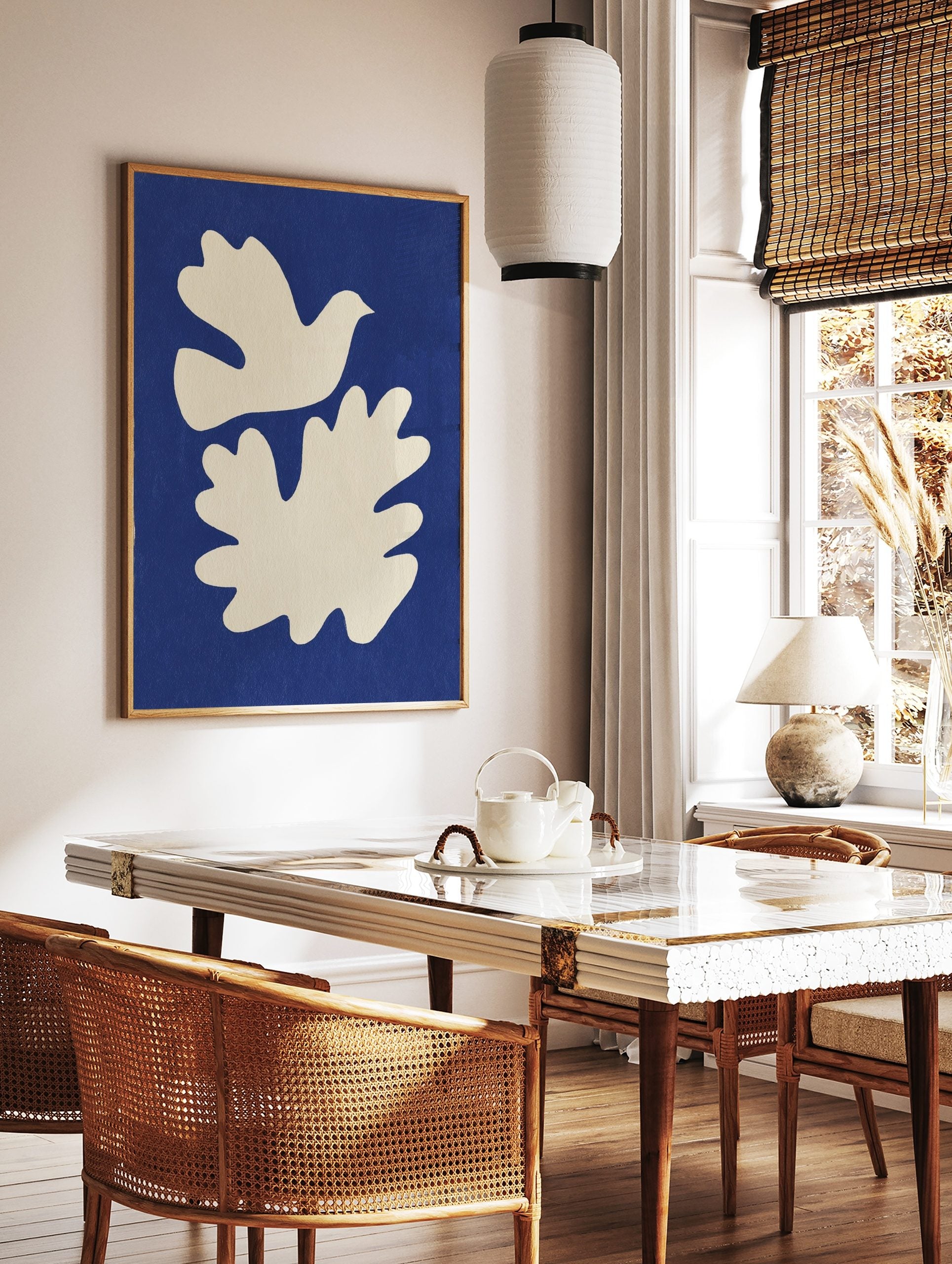 White dove and organic abstract shape on a textured deep blue background, unframed print, in a styled room mockup
