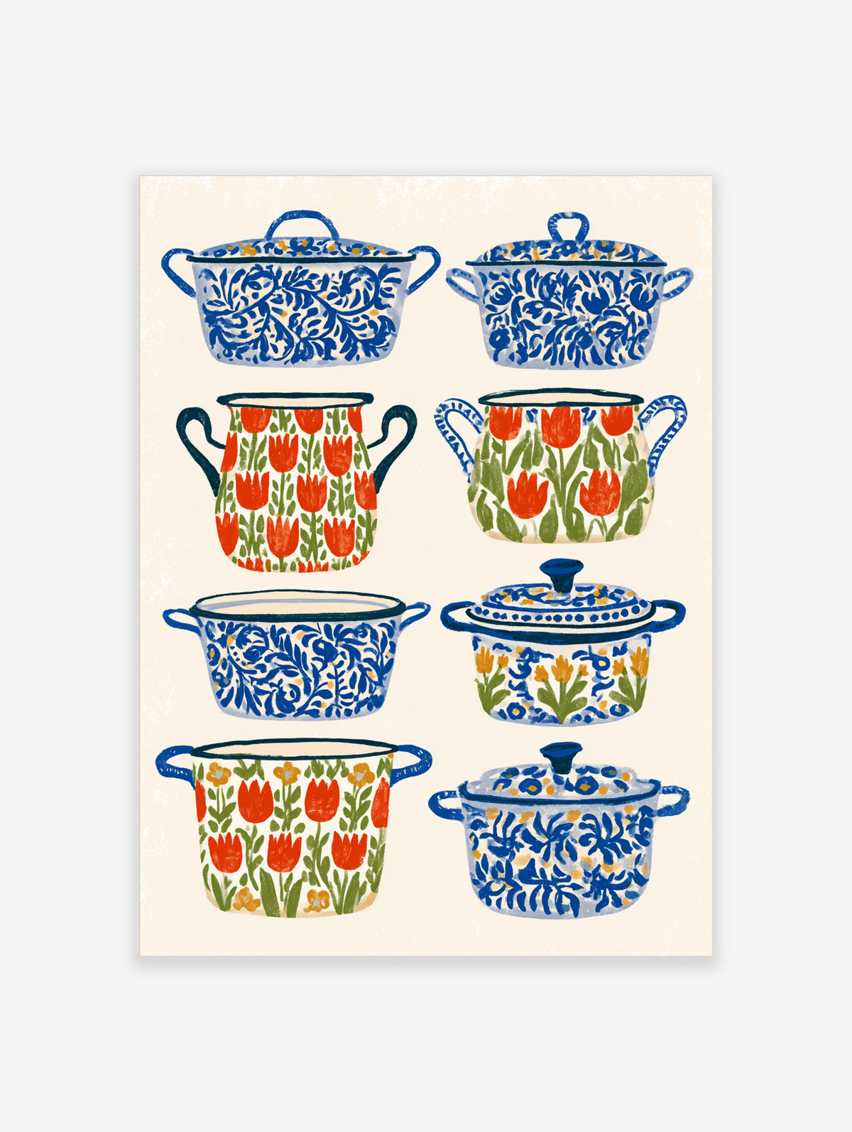 Blue and white enamelware poster with eight illustrated cooking pots, floral tulips and lidded casseroles