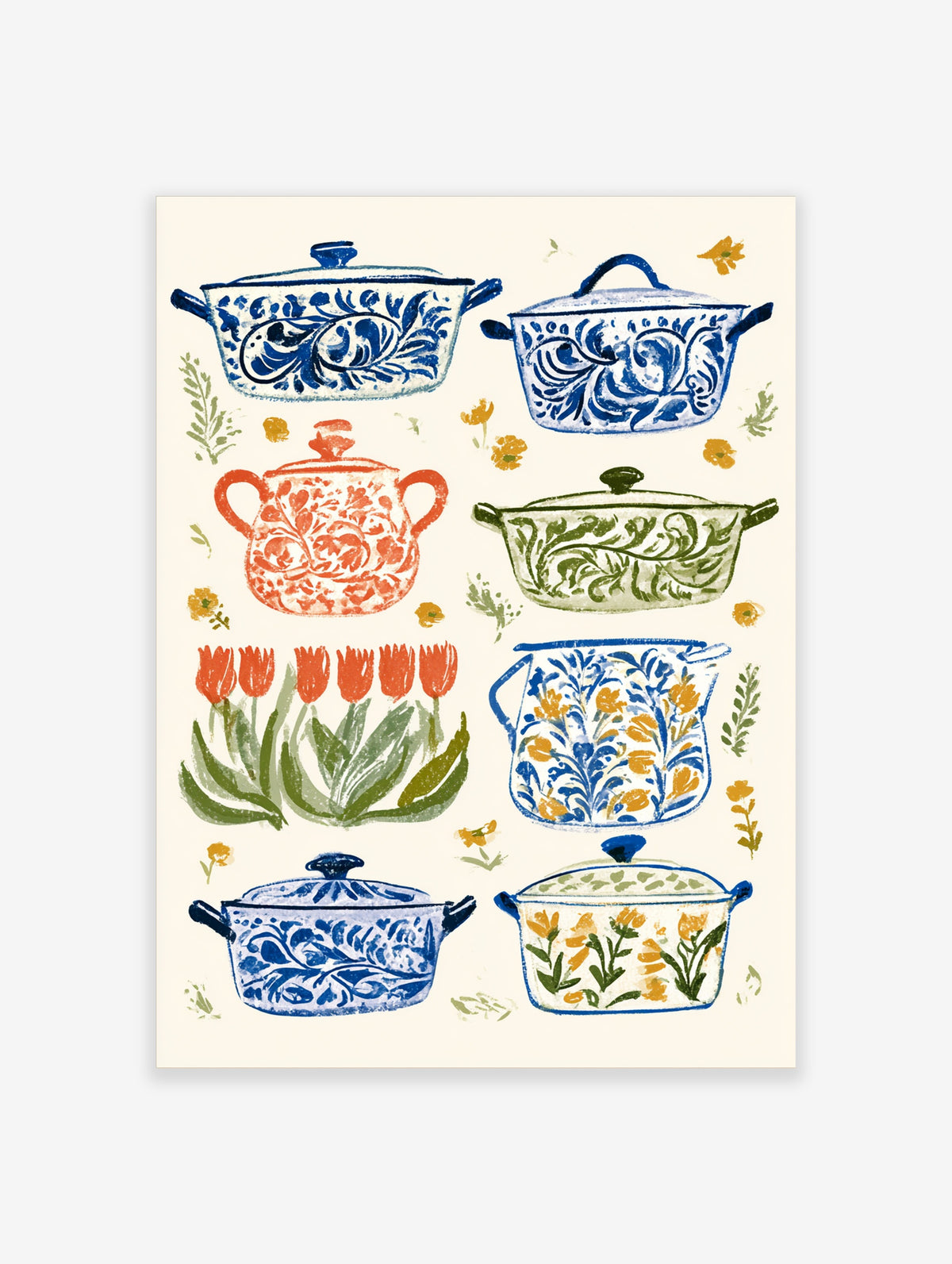 Blue and white floral cookware poster with red tulips and yellow flowers on cream background